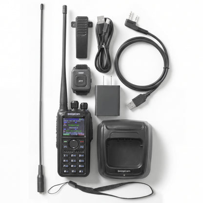 BridgeCom Maverick Dual Band DMR/Analog Radio set, including antenna,  long antenna, wrist strap, programming cable, USB-C charging cable, USB wall adapter, belt clip, charging dock, and Bluetooth push-to-talk button