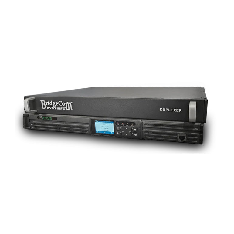 The BridgeCom BCR-GMRS is a black GMRS Repeater System with Duplexer, featuring a front display, buttons, ventilation slots, and rack-mount design. It’s FCC Part 95E certified and shown on a white background.