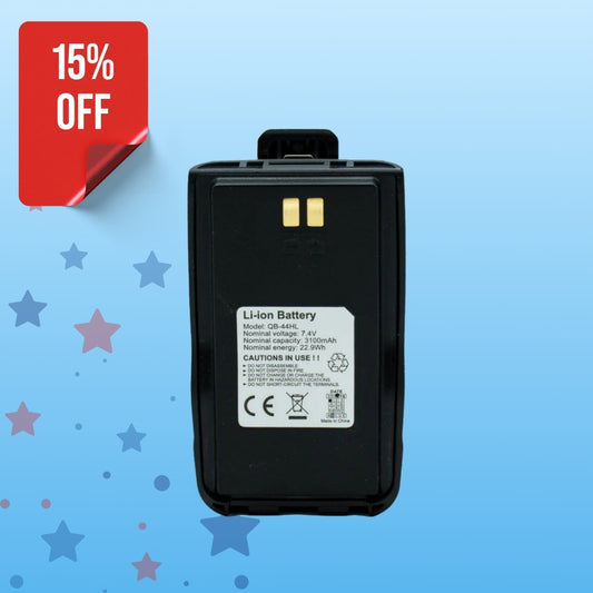 A black Anytone/Maverick B-Stock Retro Drop-In battery with a label and gold connectors sits against a starry blue background. A "15% OFF" red sticker appears at the top left. Ideal as a handheld replacement battery—now on SALE!.