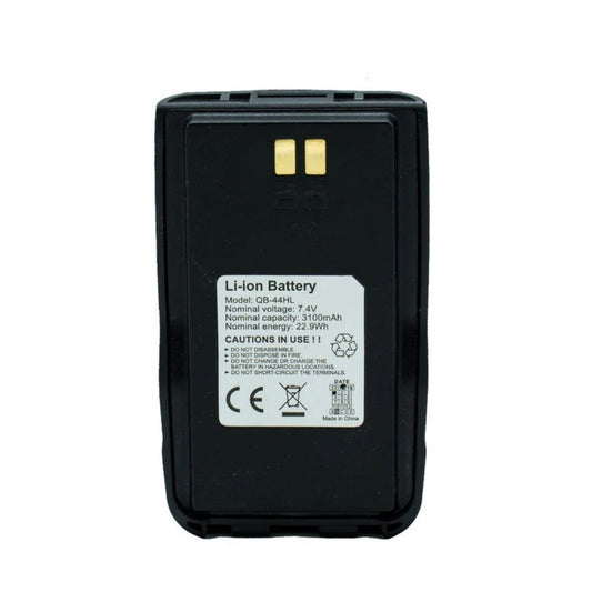 The Anytone Retro Drop-In battery is a black rectangular replacement for handheld radios, featuring a 7.4V, 2100mAh, 2.9Wh label with caution symbols and two gold contact points at the top.