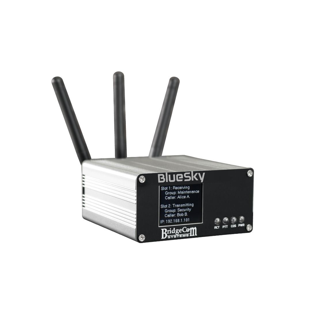 The BlueSky - Amateur Private DMR UHF Network Duplex Hotspot is a compact black and silver wireless device with three antennas, indicator lights, and buttons, labeled "BlueSky," designed by BridgeCom Systems for seamless DMR network connectivity.