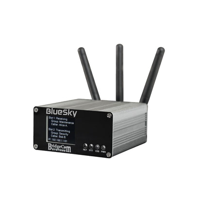 The BlueSky - Amateur Private DMR UHF Network Duplex Hotspot is a rectangular device with three antennas, indicator lights, slot info on the front panel, and the BridgeCom Systems logo—ideal for creating a secure private DMR network.