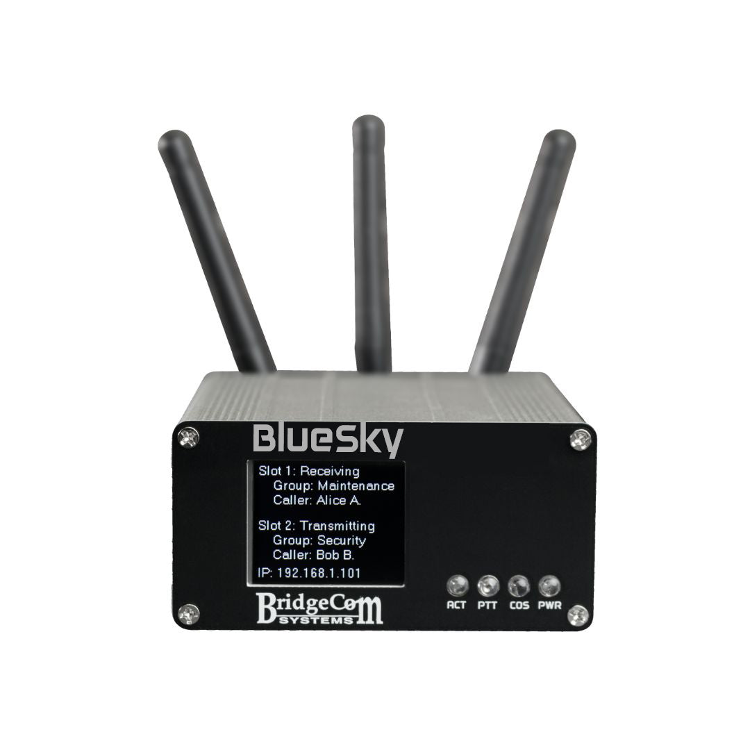 The BlueSky - Amateur Private DMR UHF Network Duplex Hotspot features a black box design with three antennas, offering seamless connectivity on DMR networks.