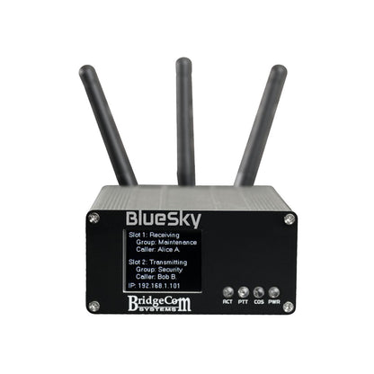 The BlueSky - Amateur Private DMR UHF Network Duplex Hotspot features a black box design with three antennas, offering seamless connectivity on DMR networks.