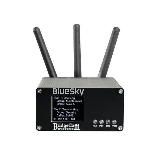 The BlueSky - Amateur Private DMR UHF Network Duplex Hotspot features a black box design with three antennas, offering seamless connectivity on DMR networks.