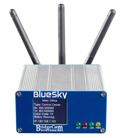 The BridgeCom BlueSky - Amateur Private DMR UHF Network Duplex Hotspot features three antennas, a display for network/status info, and four indicator lights (ACT, PTT, COS, PWR)—perfect for managing your private communication network.