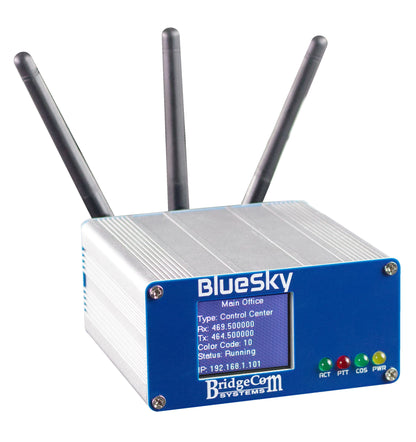 The BridgeCom Bluesky - Amateur Private DMR UHF Network Duplex Hotspot features three antennas, a digital display for your private DMR network details, and four indicator lights labeled ACT, PTT, COS, and PWR.
