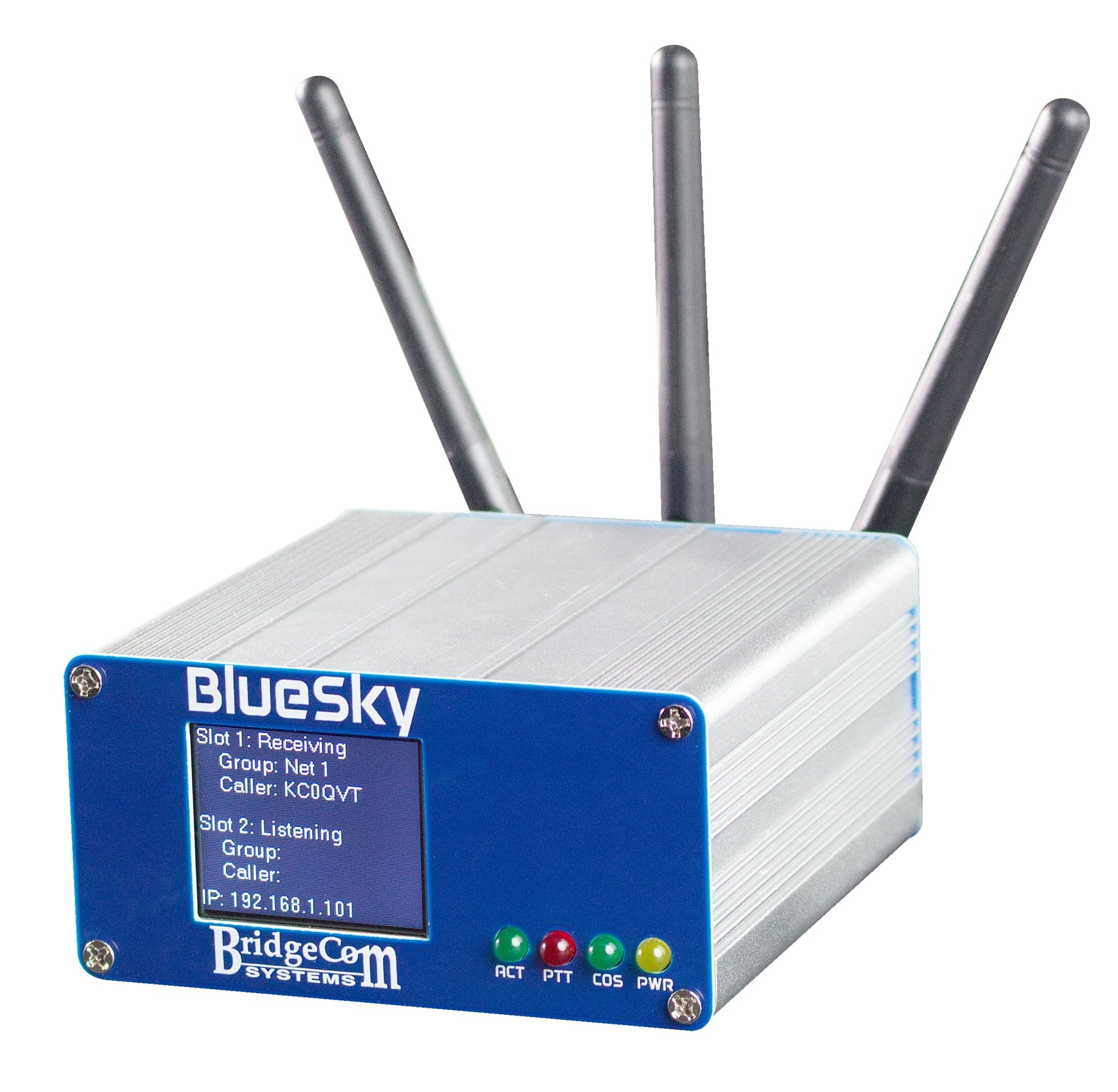 The BridgeCom BlueSky - Amateur Private DMR UHF Network Duplex Hotspot is a compact metal device with three antennas, a blue front panel labeled "BridgeCom BlueSky," an LCD showing private DMR info, and four LED indicators.
