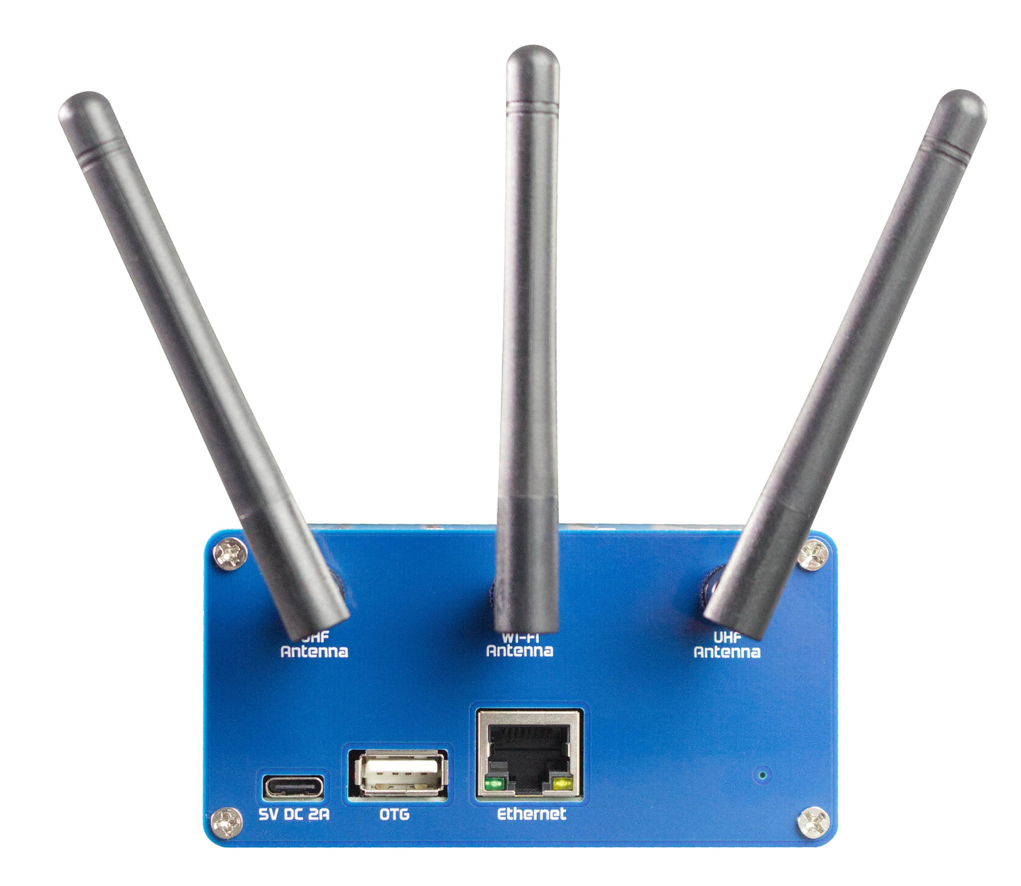 The BridgeCom Bluesky - Amateur Private DMR UHF Network Duplex Hotspot is a blue wireless device with three upright antennas and front USB-C power, USB, and Ethernet ports—ideal for creating a private communication network.