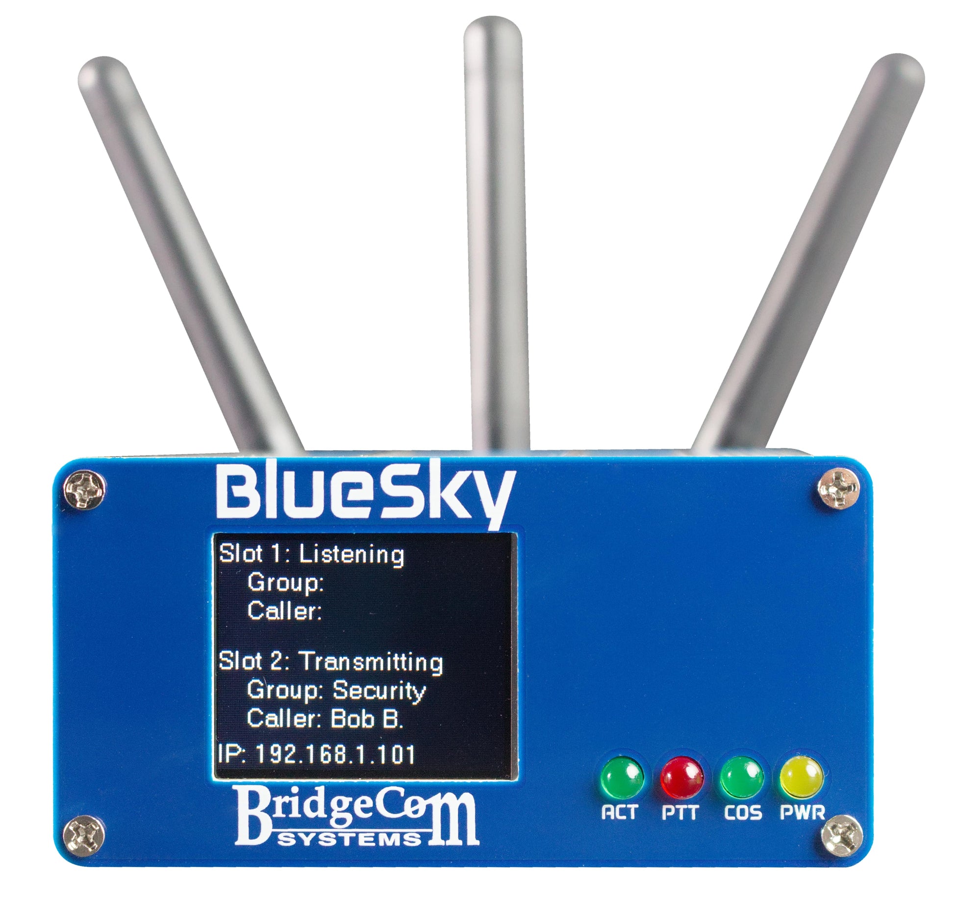 The BridgeCom Bluesky Amateur Private DMR UHF Network Duplex Hotspot is a blue device with three antennas, a display for private DMR info, and four indicator lights—ACT, PTT, COS, PWR—located below the screen.