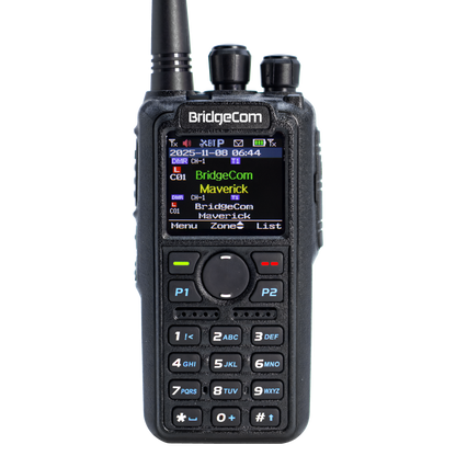 A black BridgeCom Maverick Dual Band DMR/Analog Ham Radio with a color display showing channel info, buttons, keypad, two top knobs, and an antenna. The screen displays “BridgeCom” and settings.