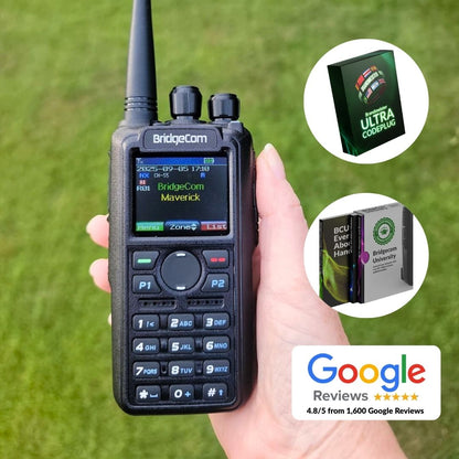 A hand holds a BridgeCom Maverick Dual Band DMR/Analog Ham Radio outdoors on grass. Insets show "Ultra Codeplug" and "BCU University Ultimate Ham Guide" digital guides. Google Reviews badge: 4.8/5 from 1,600 reviews.