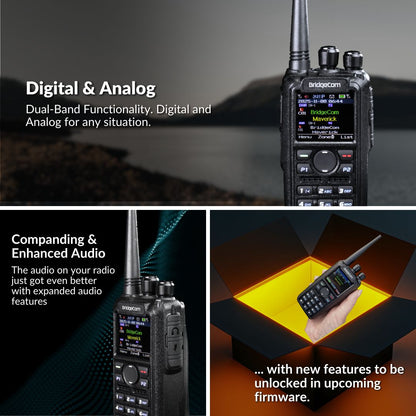 The BridgeCom Maverick Dual Band DMR/Analog Ham Radio is displayed with a digital screen, featuring VHF/UHF support, advanced audio, and the promise of new capabilities through future firmware updates.