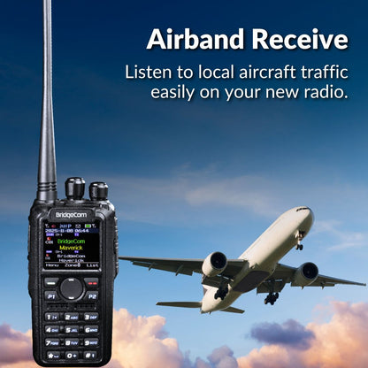 A BridgeCom Maverick Dual Band DMR/Analog Ham Radio with antenna is shown, while a commercial airplane flies in the background. Text: "Airband Receive. Listen to local aircraft traffic easily on your new radio.
