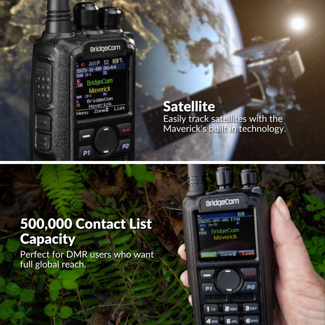 BridgeCom Maverick Dual Band DMR/Analog Ham Radio displays its name on the screen. The top image shows a satellite and Earth, highlighting VHF/UHF satellite tracking; the bottom image features the radio in hand, noting 500,000 contact storage.