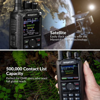 BridgeCom Maverick Dual Band DMR/Analog Ham Radio displays its name on the screen. The top image shows a satellite and Earth, highlighting VHF/UHF satellite tracking; the bottom image features the radio in hand, noting 500,000 contact storage.