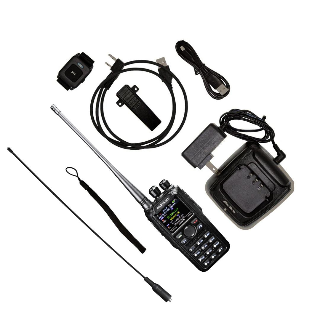 The BridgeCom Maverick Dual Band DMR/Analog Ham Radio with antenna, charging dock, power adapter, USB cables, wrist strap, earpiece, and belt clip is arranged on a white background.
