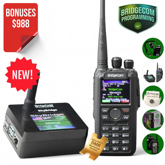 The BridgeCom Maverick DMR Plug and Play Package includes a DMR ham radio, SkyBridge Max hotspot, programming software, accessories, and gold DMVR Workshop access. Red bursts on the top left highlight "$988 Bonuses" and "NEW!.