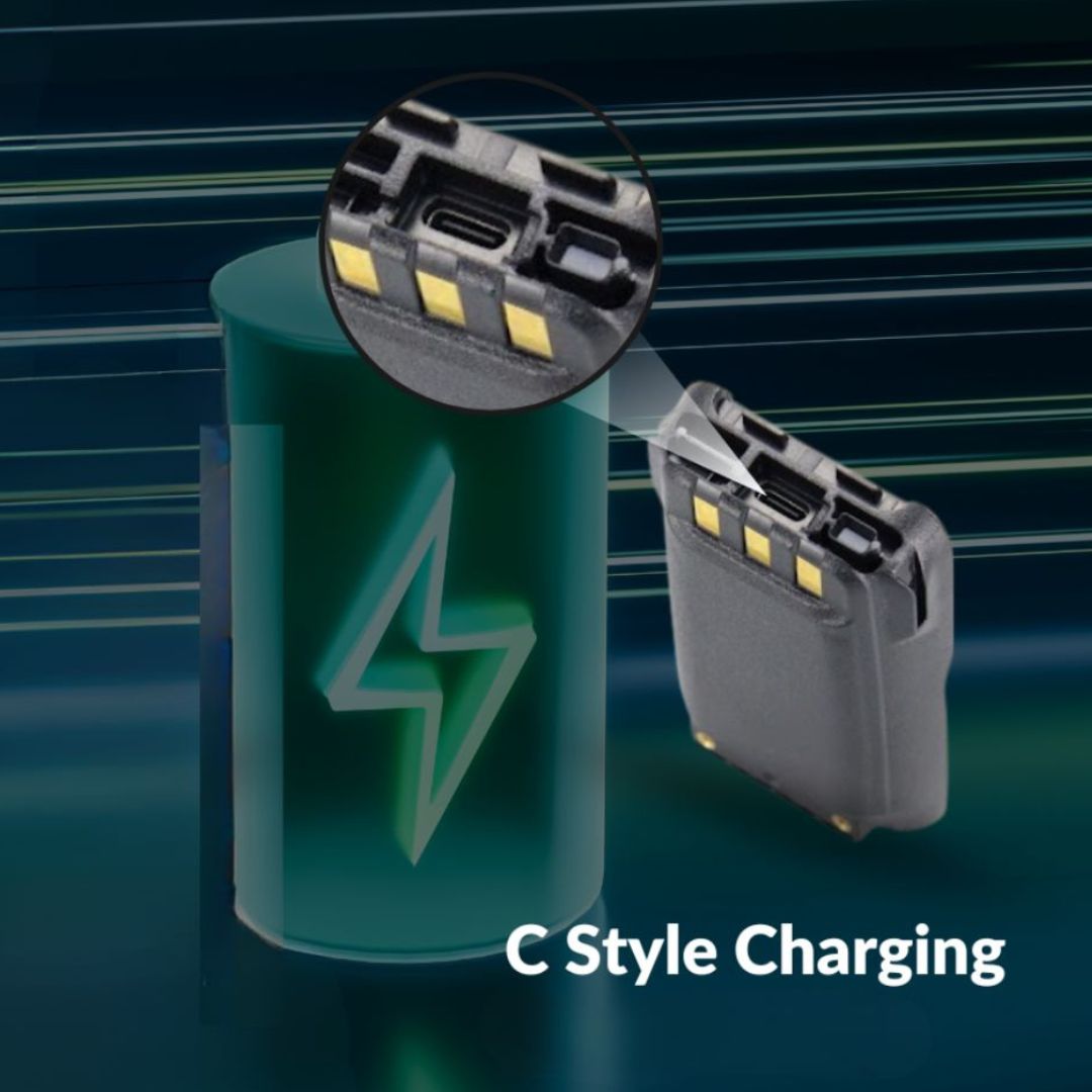 A close-up of the AnyTone 868/878 Battery + Belt Clip with C-style Charging highlights its terminals. Beside it, a glowing battery icon with a lightning bolt appears and the text displays “C Style Charging.”.