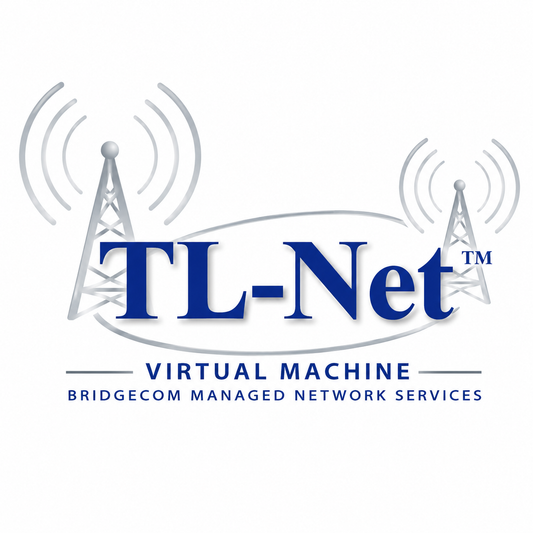 Logo displaying "TL-Net™" in blue with two radio towers emitting signals, symbolizing advanced DMR networking. Beneath the logo, it reads "VIRTUAL MACHINE" and "BridgeCom Managed Network Services - BETA," highlighting expert managed network services and MOTOTRBO IP Site Connect solutions on a white background.