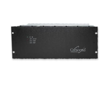 A black Crescend Technologies rack-mounted electronic device with indicator lights and status labels on the left side of the front panel, this Crescend 250 watt VHF power amplifier 10-20 in 48 Volts exemplifies the brand’s reputation for rugged amplifiers and dependable VHF performance.
