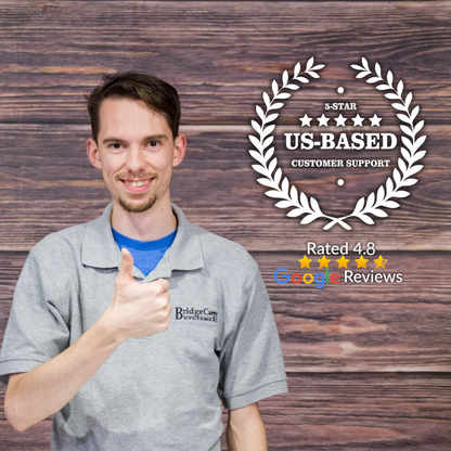 A smiling man in a gray polo gives a thumbs up before a wood background beside a badge reading “5-Star US-Based Customer Support” and “Rated 4.8 Google Reviews,” spotlighting the BridgeCom Maverick Dual Band DMR/Analog Ham Radio.