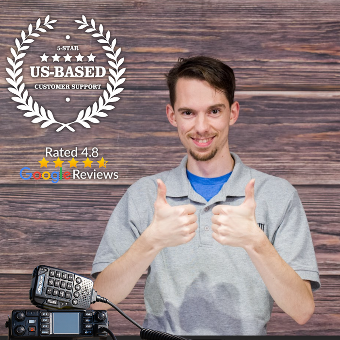 A man in a gray polo gives a thumbs up before a wooden backdrop. Text reads "5-Star US-Based Customer Support" and "Rated 4.8 on Google Reviews." The AnyTone 578UVIII PLUS Tri-Band Mobile Radio is shown, highlighting its DMR and analog communication features with other two-way radios.