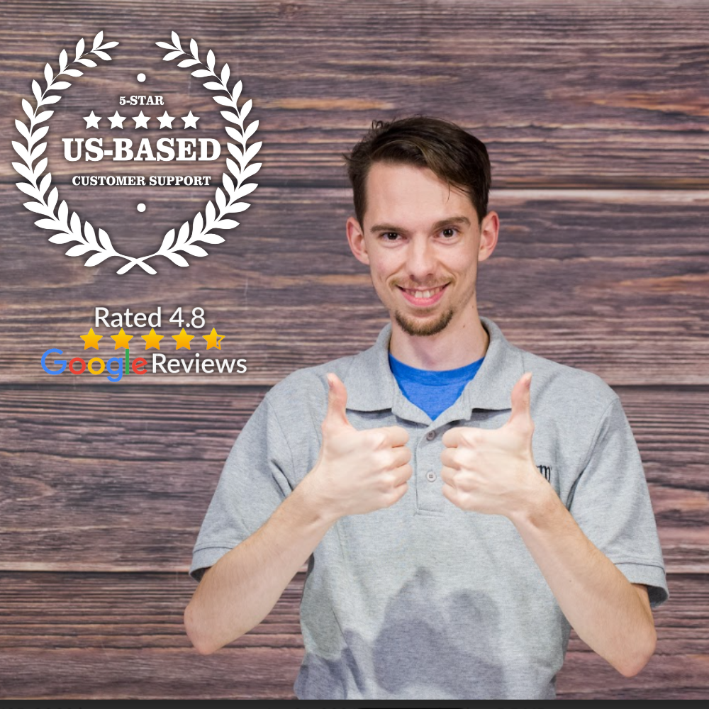 A smiling man in a gray polo gives two thumbs up. Behind him, graphics highlight “US-Based Customer Support” and a 4.8 Google rating—ideal for those seeking the AnyTone AT-D578UVIII Plus Mobile Deal, set against a wooden background.