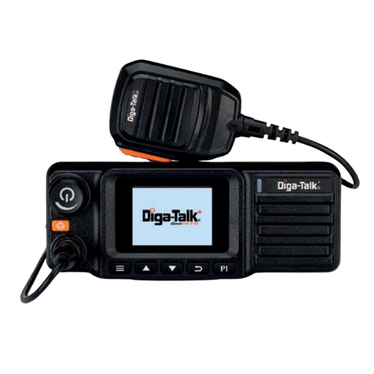 A black DTP-8900 Diga-Talk Mobile with display, control buttons, and a wired handheld mic (both featuring the Diga-Talk logo) sits on top, making it ideal for efficient fleet communication.