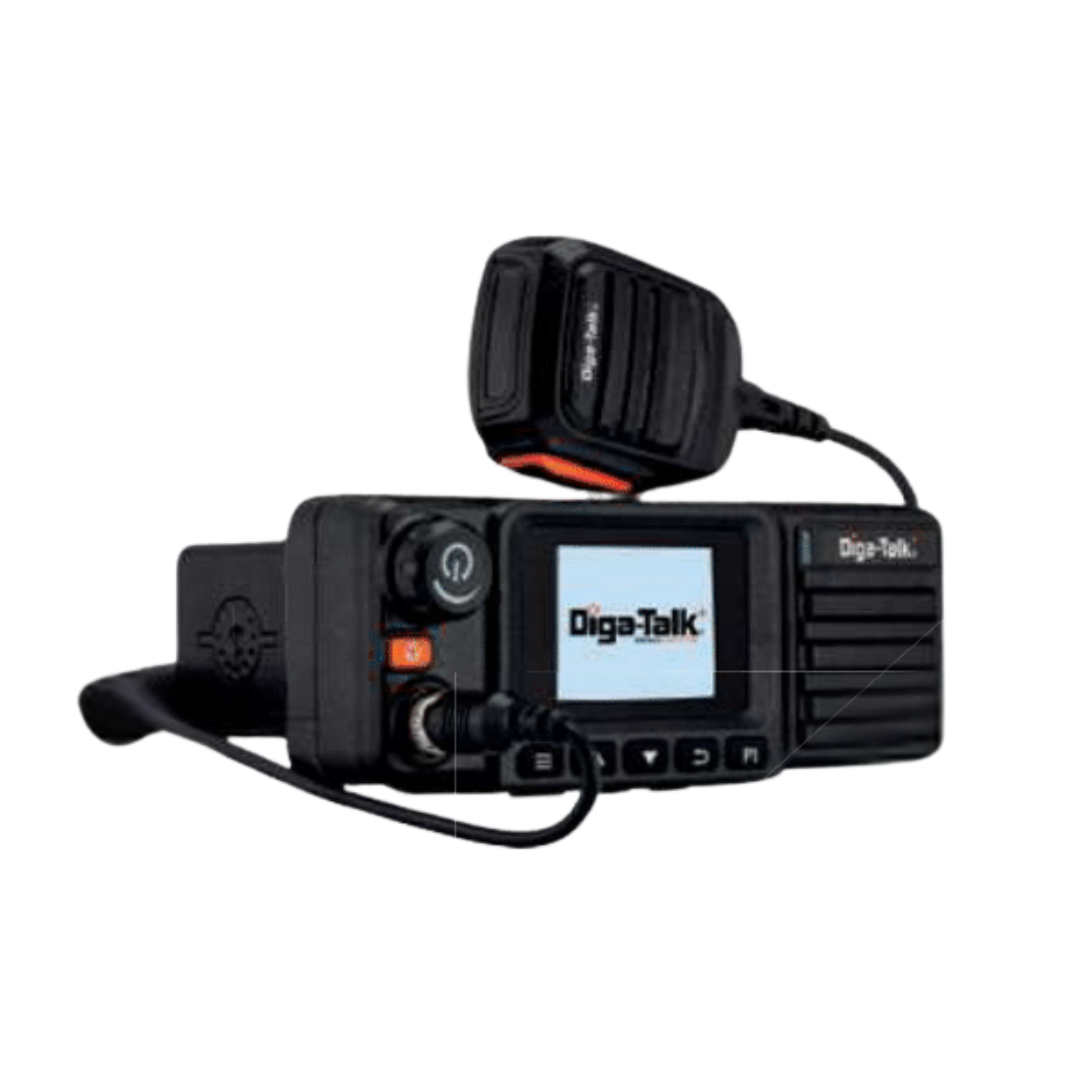 The DTP-8900 Diga-Talk Mobile is a black handheld radio featuring a compact display screen, easy control buttons, and an attached handheld microphone—perfect for seamless fleet communication.