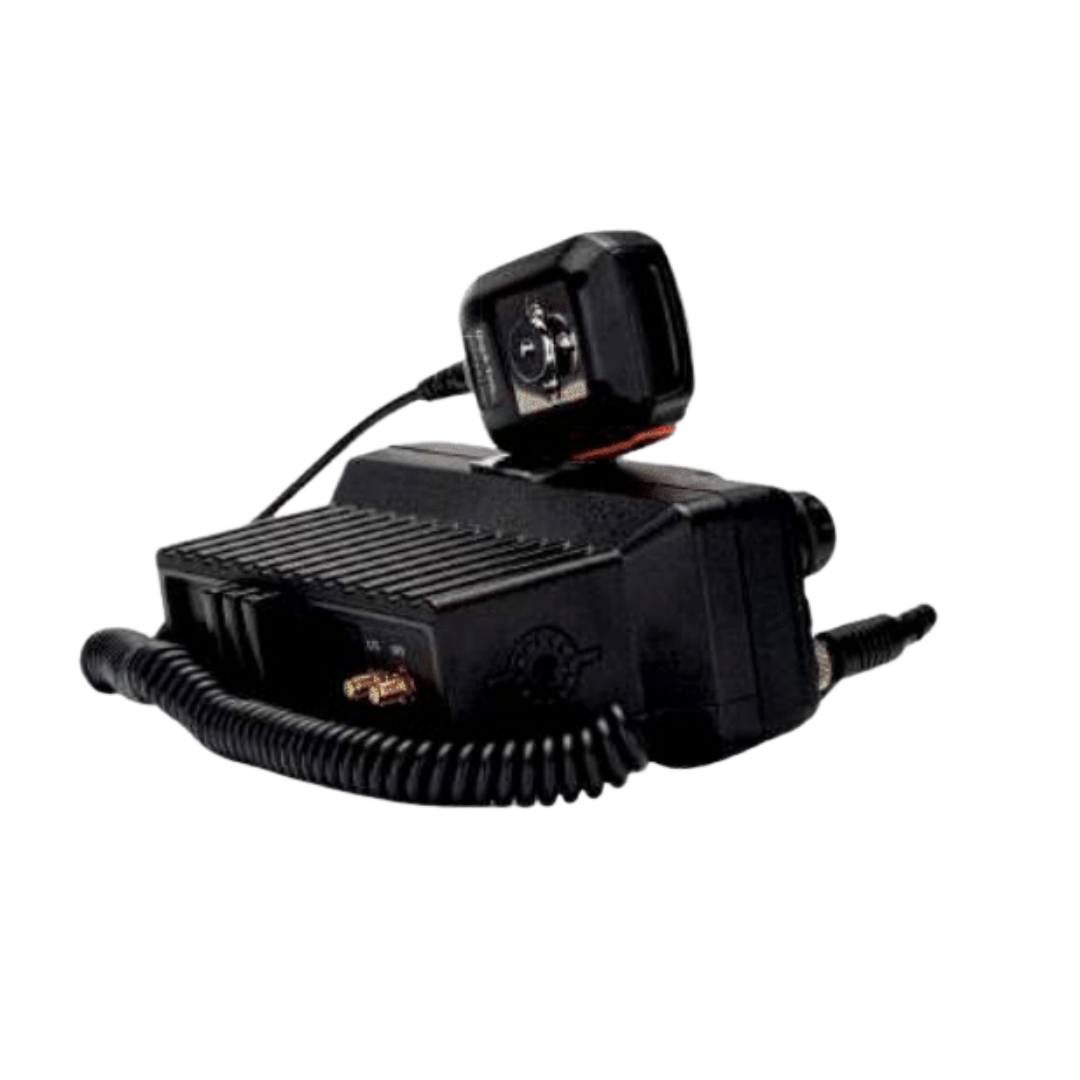 The DTP-8900 Diga-Talk Mobile is a black handheld radio transceiver with a coiled-cord microphone, designed for efficient fleet communication, shown against a white background.