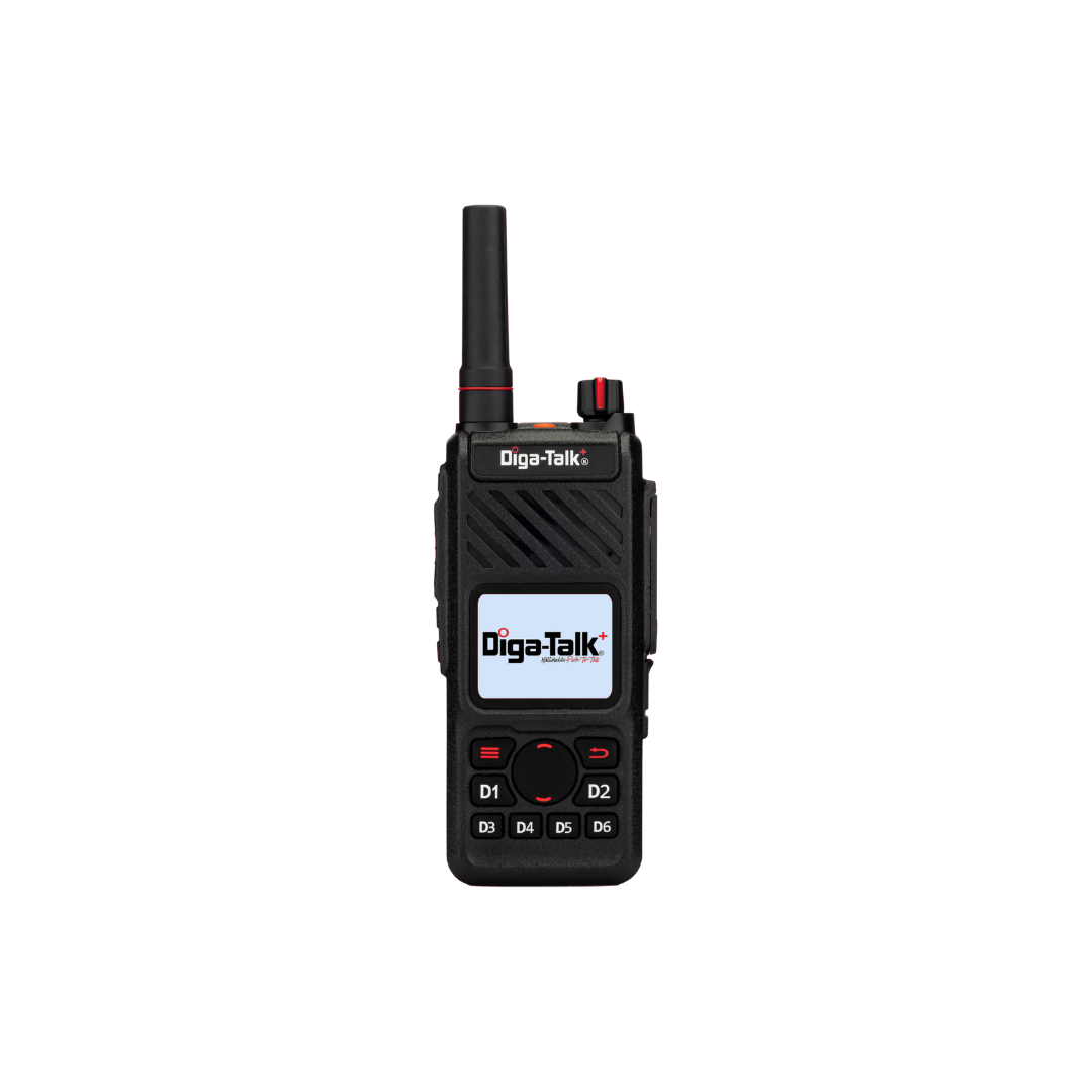 A black DTP-9851 Handheld radio, labeled "Diga-Talk," designed for team communication, features a small display screen, buttons marked D1-D6, and an antenna, shown against a white background.