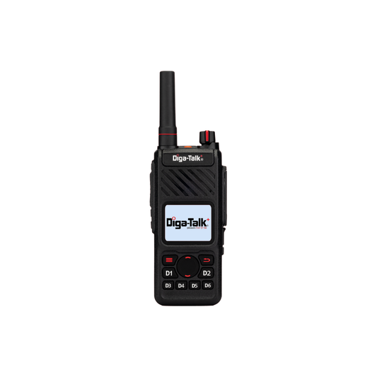 A black DTP-9851 Handheld radio, labeled "Diga-Talk," designed for team communication, features a small display screen, buttons marked D1-D6, and an antenna, shown against a white background.