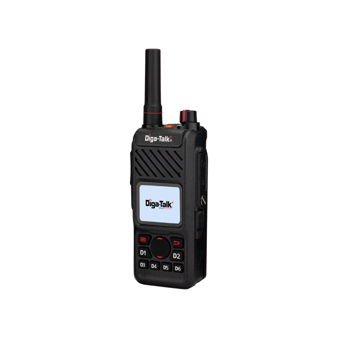 The DTP-9851 Handheld, a black Diga-Talk radio with display screen, keypad, and antenna, is shown on a white background—perfect for team communication.