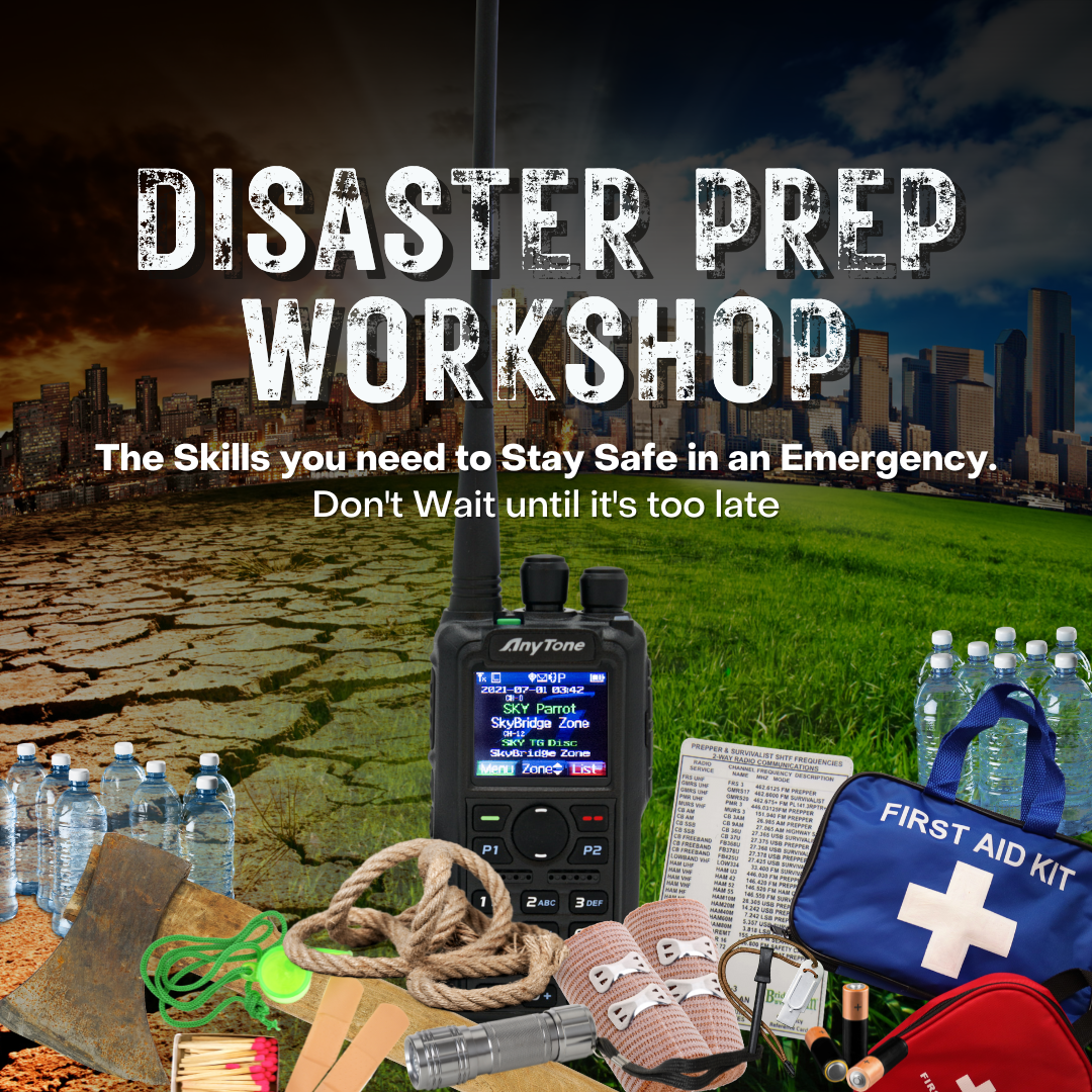 Poster for the "Disaster Prep Workshop 1 (Replay)" showcasing a variety of emergency supplies such as water bottles, a first aid kit, rope, and a hand-crank radio set against a dramatic backdrop that contrasts barren, cracked ground with a vibrant city skyline. Expert instructors guide participants through the workshop.