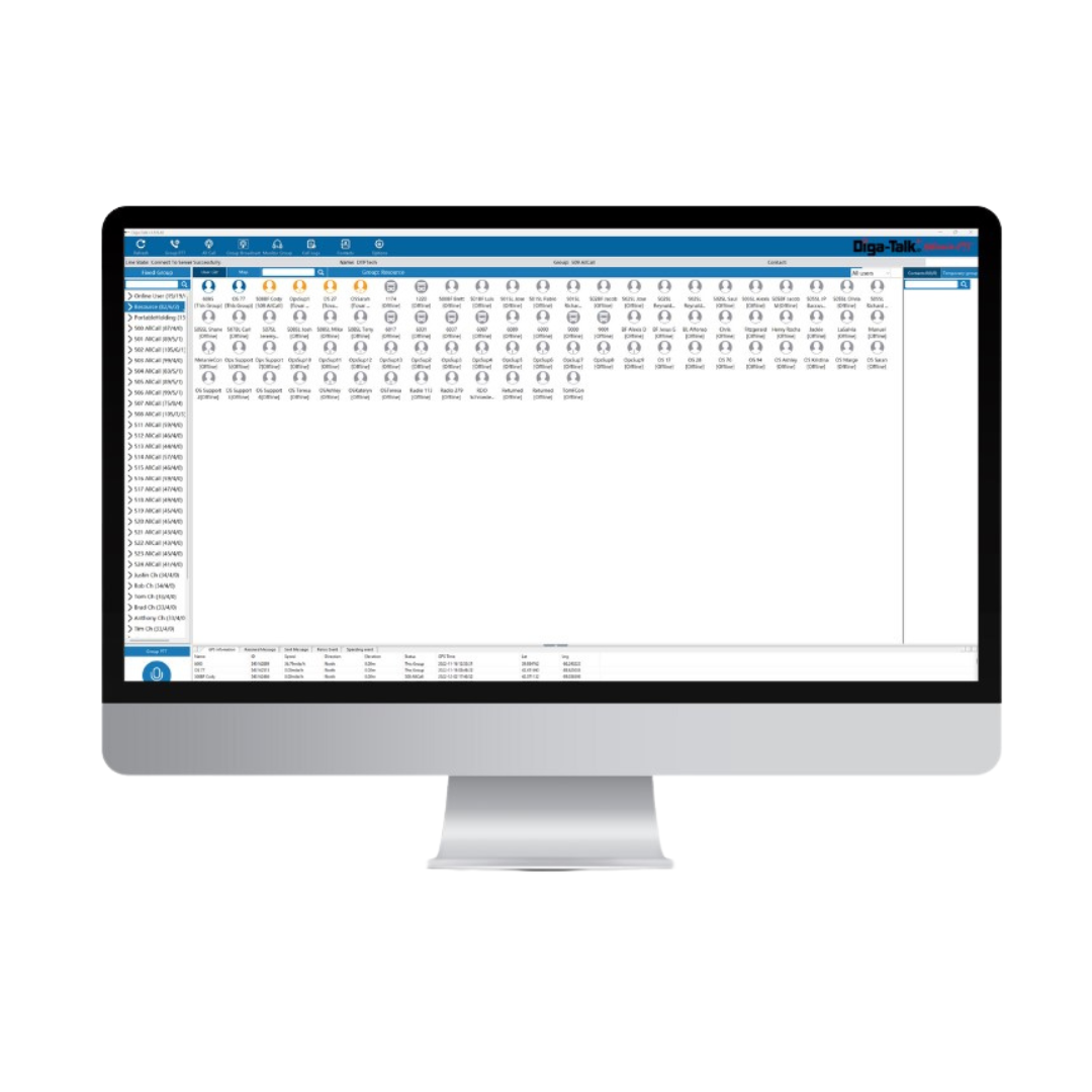 The Dispatch Software is shown on a computer monitor with a grid of numbered circular icons, left-side menu, top tabs, and the “Diga Talk” logo in the upper right—perfect for managing mobile workforces.