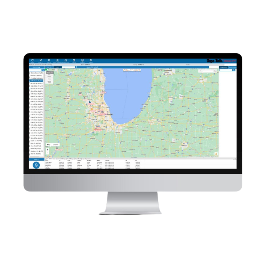 A computer monitor shows the Dispatch Software with a digital map of Chicago, GPS tracking, multiple markers, and a location list in the left sidebar.