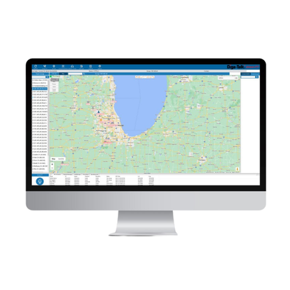 A computer monitor shows the Dispatch Software with a digital map of Chicago, GPS tracking, multiple markers, and a location list in the left sidebar.