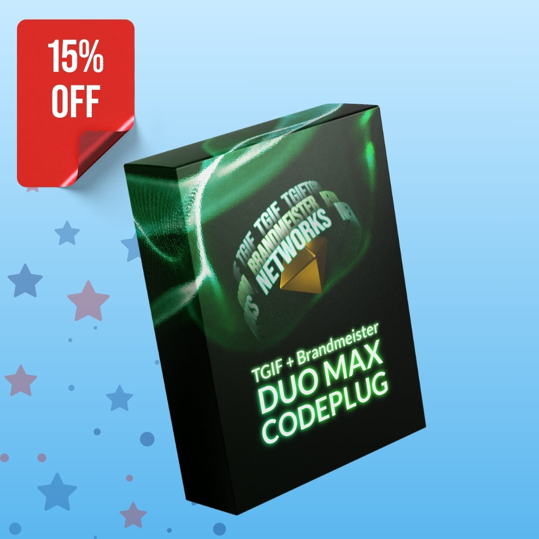 A box labeled "USA & International Hotspot Super Codeplug" features a green glowing design, ideal for AnyTone DMR radios. A red "15% OFF" sticker appears in the top left, set against a blue background with star accents.