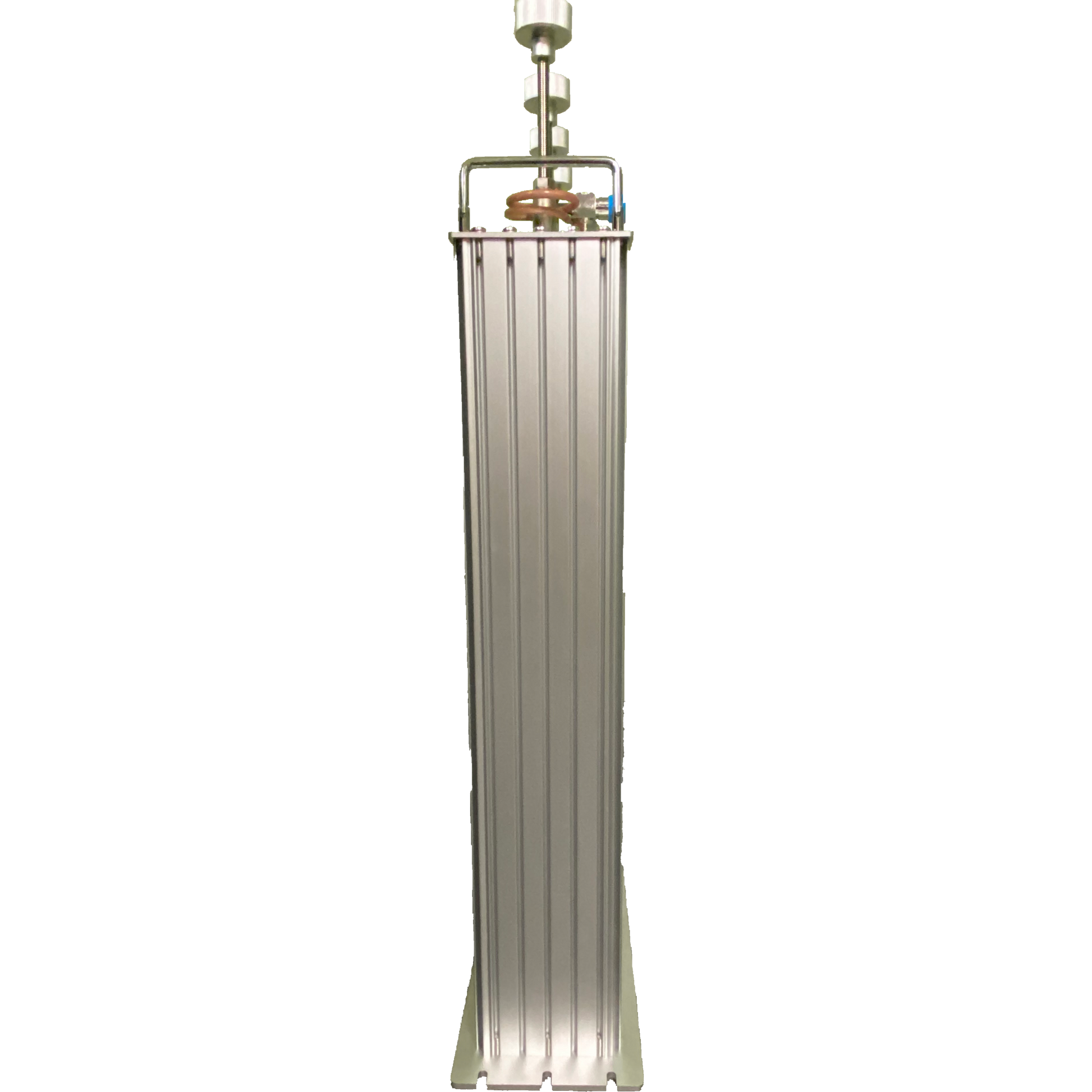 The BCD-144250 250W Amateur and Commercial Duplexer is a tall, rectangular silver industrial heater with vertical fins for heat dissipation, standing upright on a wide triangular base. It features a cylindrical component at the top secured by metal brackets, making it suitable for both amateur and commercial applications.