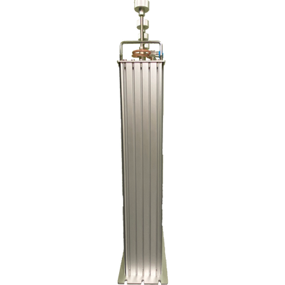 The BCD-144250 250W Amateur and Commercial Duplexer is a tall, rectangular silver industrial heater with vertical fins for heat dissipation, standing upright on a wide triangular base. It features a cylindrical component at the top secured by metal brackets, making it suitable for both amateur and commercial applications.