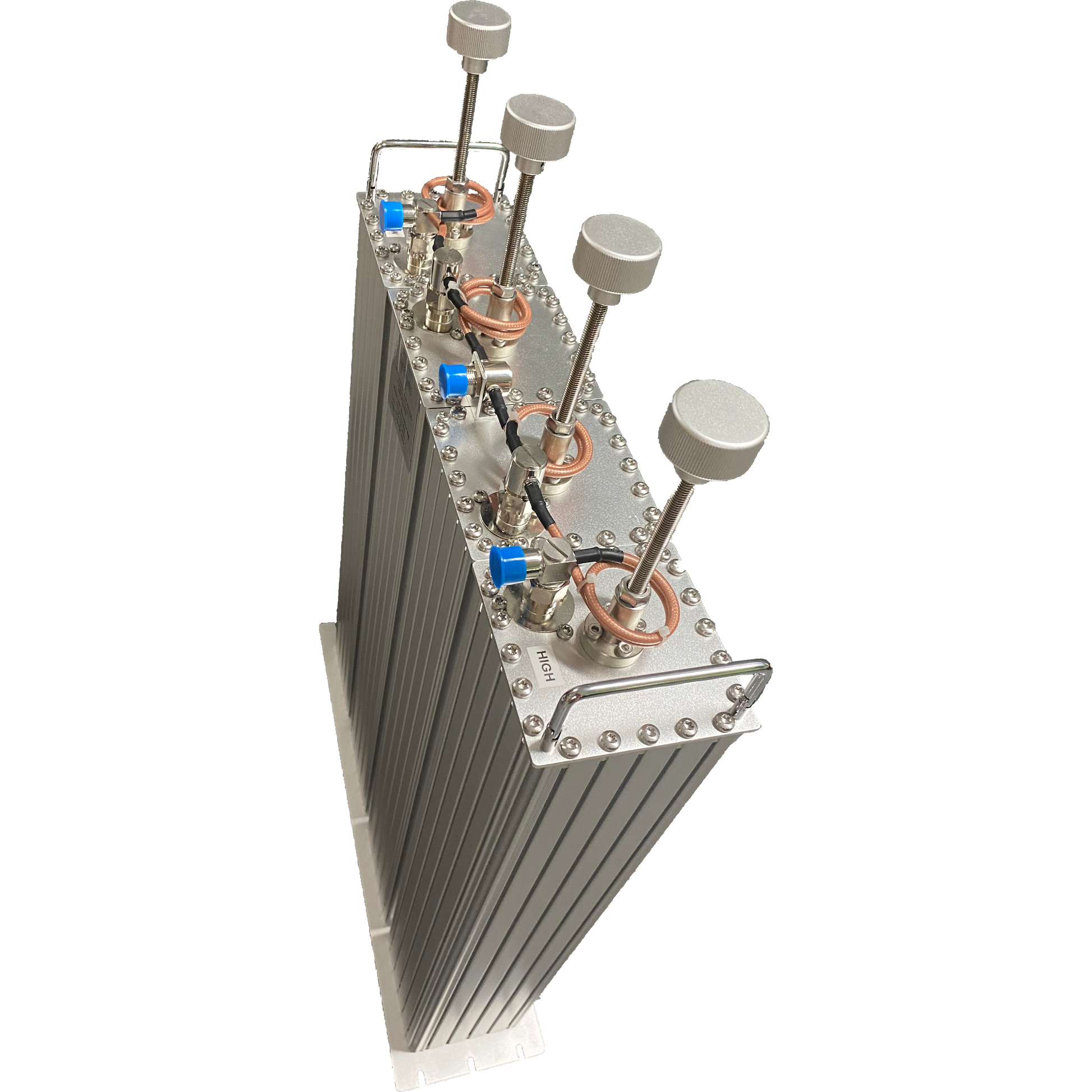 The BCD-144250 250W Amateur and Commercial Duplexer is a rectangular, metallic device featuring four cylindrical knobs on top, connected by coiled copper tubes. It operates within the 144-174 MHz range and has a ribbed exterior adorned with various bolts and valves, making it suitable for both amateur and commercial applications. The image background is transparent.