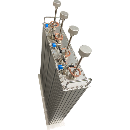 The BCD-144250 250W Amateur and Commercial Duplexer is a rectangular, metallic device featuring four cylindrical knobs on top, connected by coiled copper tubes. It operates within the 144-174 MHz range and has a ribbed exterior adorned with various bolts and valves, making it suitable for both amateur and commercial applications. The image background is transparent.