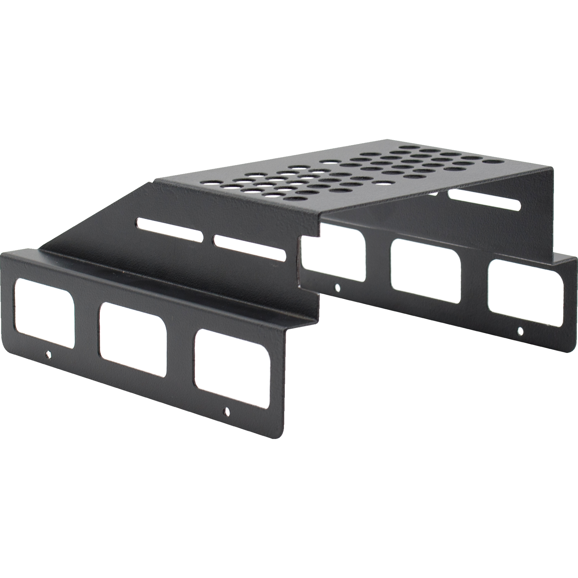 The LPH-KEN/S Hood is a black metal rack mount bracket featuring multiple cutouts and ventilation holes, specifically designed to support electronic equipment or networking devices such as the AnyTone AT-D578UVIII PLUS. This structure ensures optimal airflow and cable management, providing an ideal solution for radio mounting. The image shows a side view that highlights its shape and features.