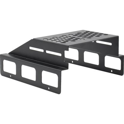 The LPH-KEN/S Hood is a black metal rack mount bracket featuring multiple cutouts and ventilation holes, specifically designed to support electronic equipment or networking devices such as the AnyTone AT-D578UVIII PLUS. This structure ensures optimal airflow and cable management, providing an ideal solution for radio mounting. The image shows a side view that highlights its shape and features.