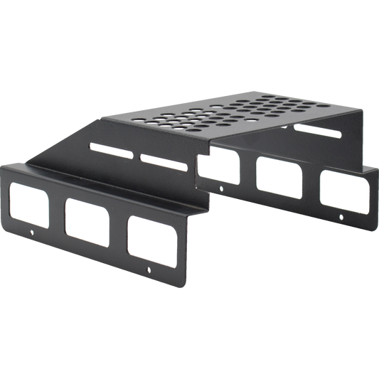 The LPH-KEN/S Hood is a black metal rack mount bracket featuring multiple cutouts and ventilation holes, specifically designed to support electronic equipment or networking devices such as the AnyTone AT-D578UVIII PLUS. This structure ensures optimal airflow and cable management, providing an ideal solution for radio mounting. The image shows a side view that highlights its shape and features.