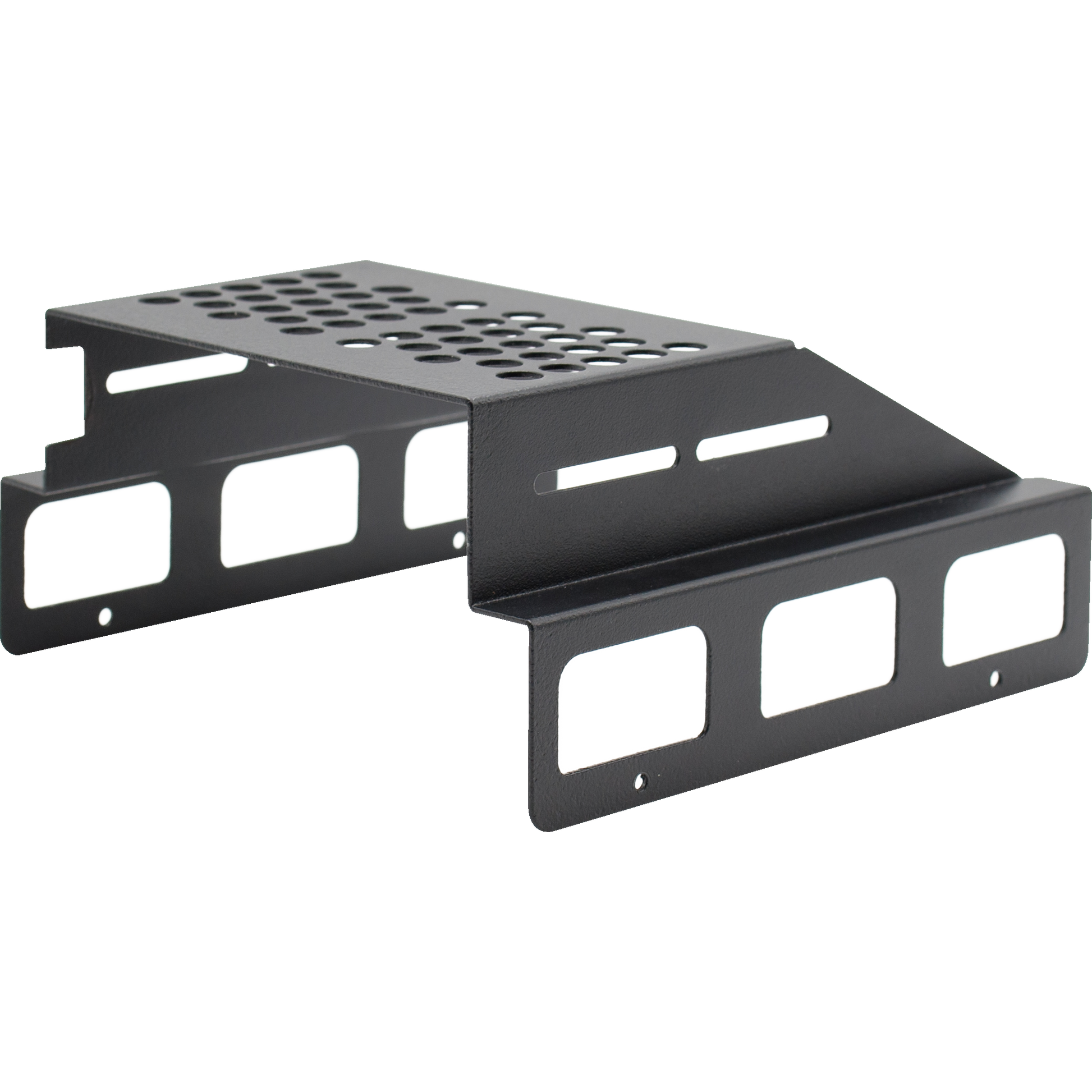 The LPH-KEN/S Hood is a black, metal rack mount shelf designed for radio mounting. It features a perforated top, multiple rectangular cutouts along the sides and front, and additional support brackets, making it ideal for equipment like the AnyTone AT-D578UVIII PLUS Tri-Band Amateur DMR Mobile Radio.