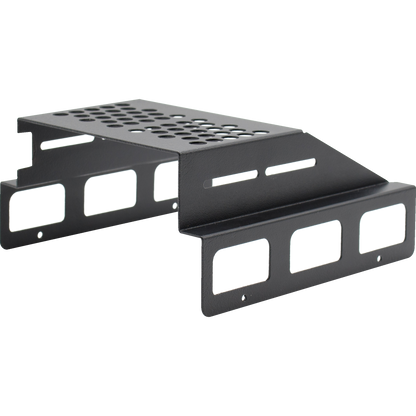 The LPH-KEN/S Hood is a black, metal rack mount shelf designed for radio mounting. It features a perforated top, multiple rectangular cutouts along the sides and front, and additional support brackets, making it ideal for equipment like the AnyTone AT-D578UVIII PLUS Tri-Band Amateur DMR Mobile Radio.
