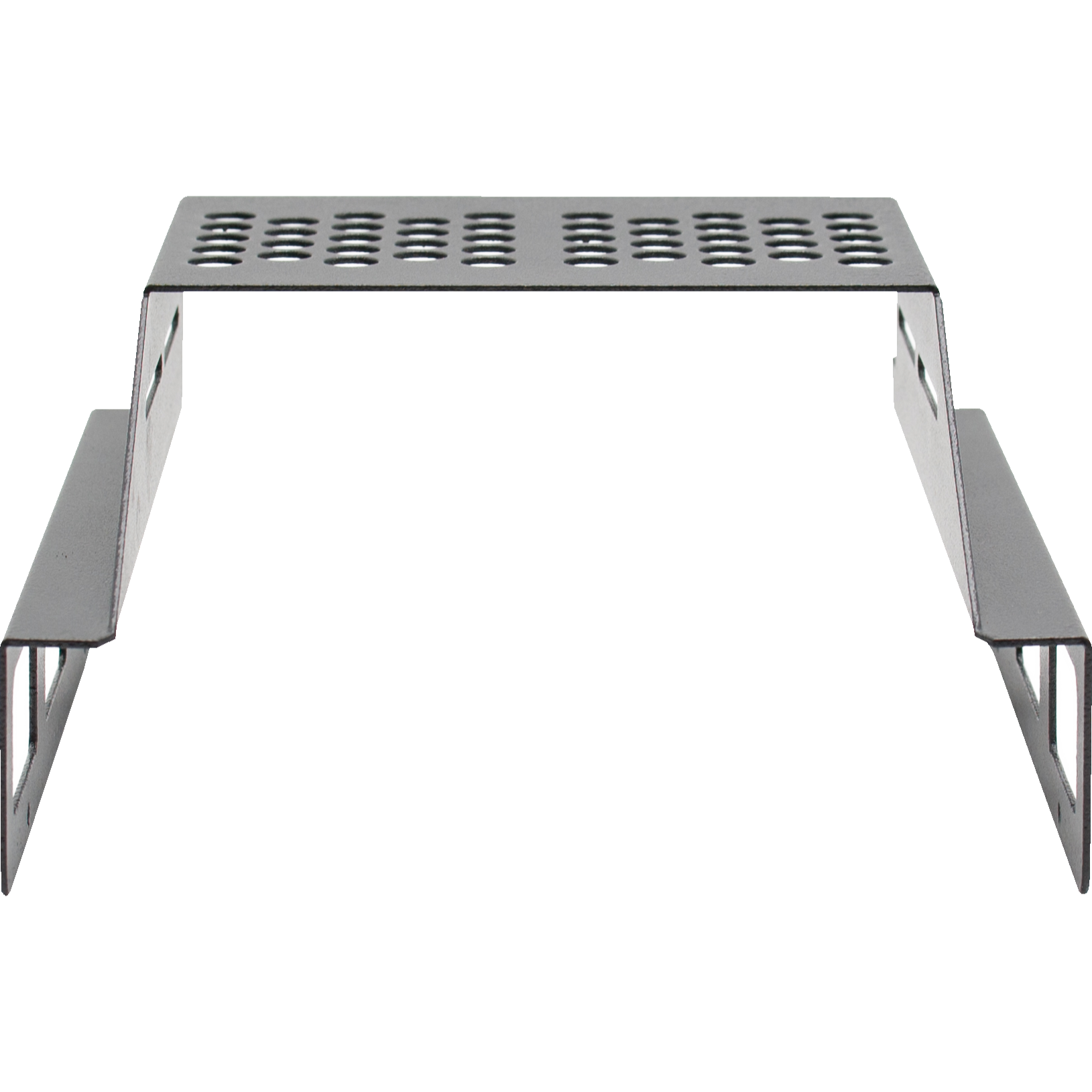 The LPH-KEN/S Hood is a metal bracket with a perforated top surface, featuring evenly spaced rectangular holes. It has two parallel side supports that extend downward and outward, providing stability and support for radio mounting, such as the AnyTone AT-D578UVIII PLUS Tri-Band Amateur DMR Mobile Radio.