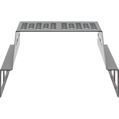 The LPH-KEN/S Hood is a metal bracket with a perforated top surface, featuring evenly spaced rectangular holes. It has two parallel side supports that extend downward and outward, providing stability and support for radio mounting, such as the AnyTone AT-D578UVIII PLUS Tri-Band Amateur DMR Mobile Radio.